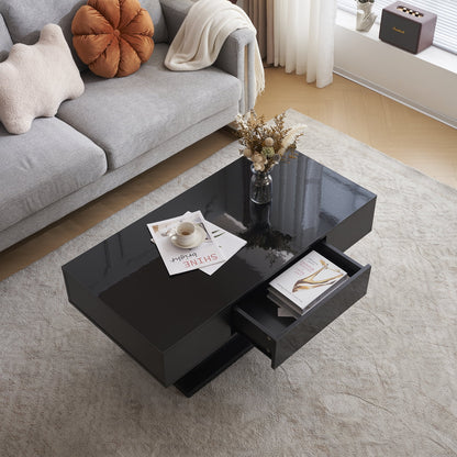 LED Coffee Table with Storage Shelf and 2 Drawers, High Gloss Cocktail Table Accent Furniture for Living Room 43.3" White