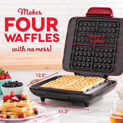 Deluxe No-Drip Belgian Waffle Iron Maker Machine 1200W + Hash Browns, or Any Breakfast, Lunch, & Snacks with Easy Clean, Non-Stick + Mess Free Sides, Red