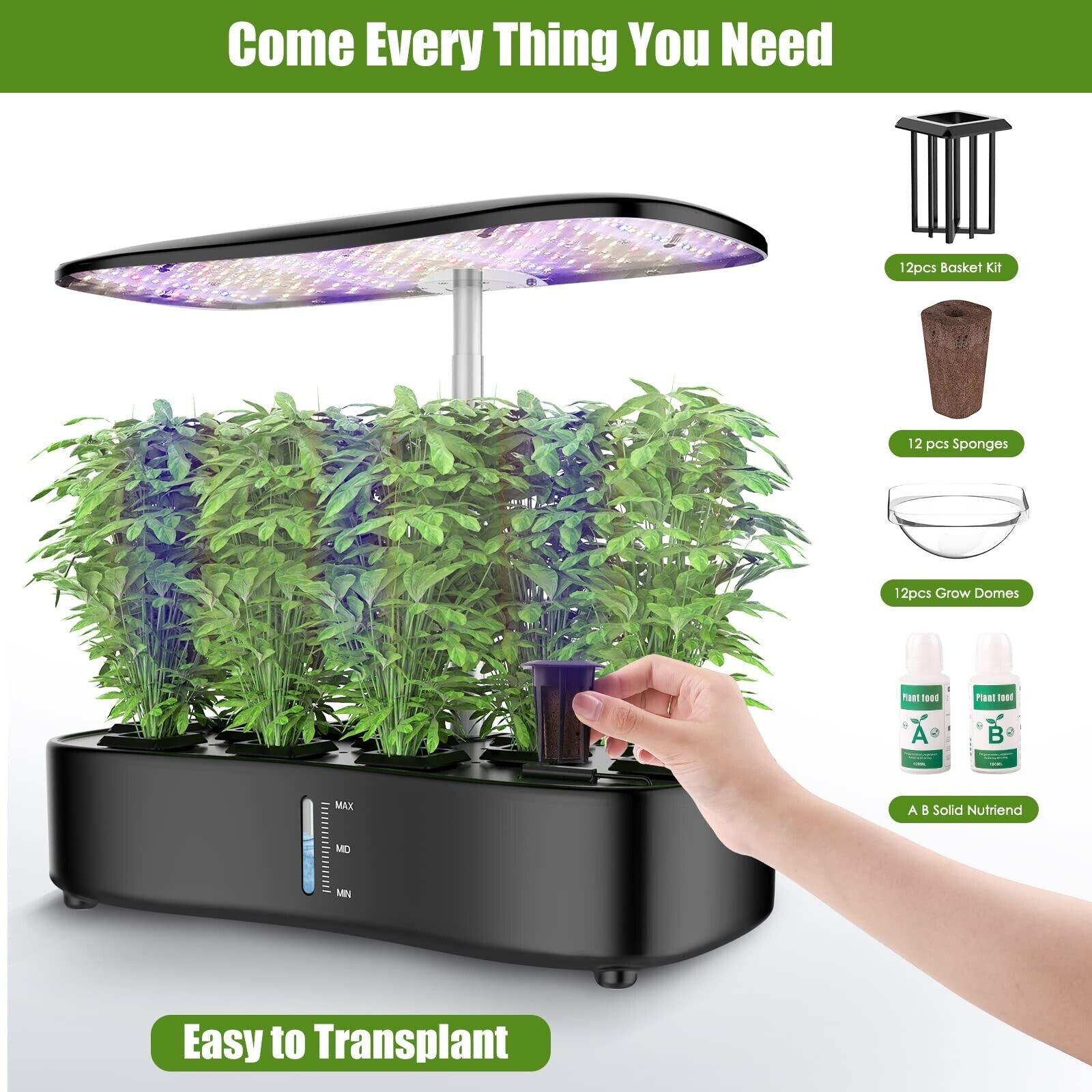 Large Tank Hydroponics Growing System 12 Pods, Herb Garden Kit Indoor with Gr...