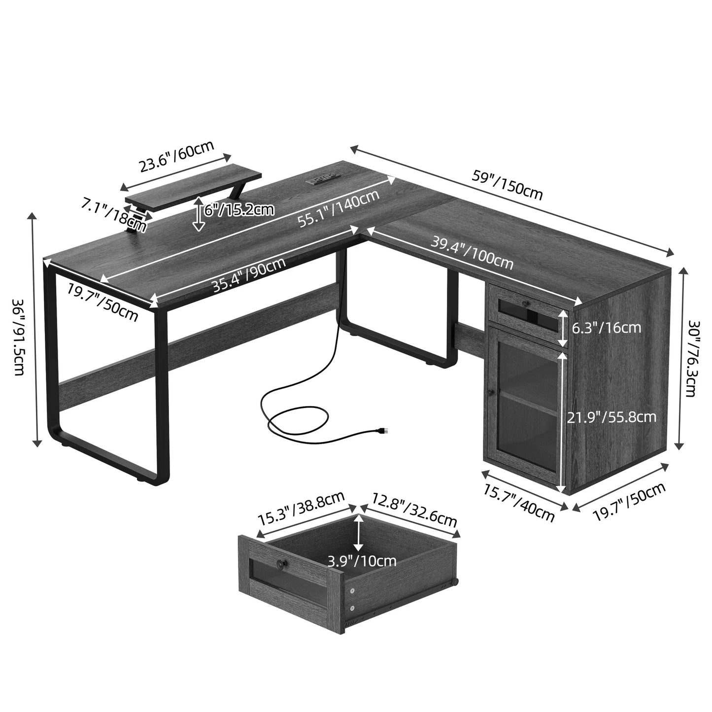 L Shaped Desk with Power Outlets & Drawer, Reversible Computer Desk with File Cabinet, Office Desk Corner Desk Gaming Desk with LED Lights & Monitor Stand, Gray