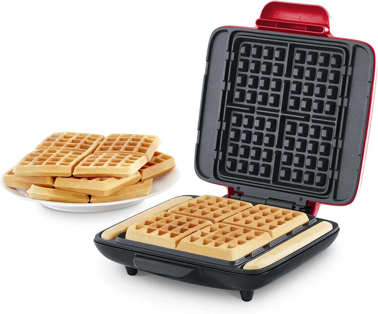 Deluxe No-Drip Belgian Waffle Iron Maker Machine 1200W + Hash Browns, or Any Breakfast, Lunch, & Snacks with Easy Clean, Non-Stick + Mess Free Sides, Red