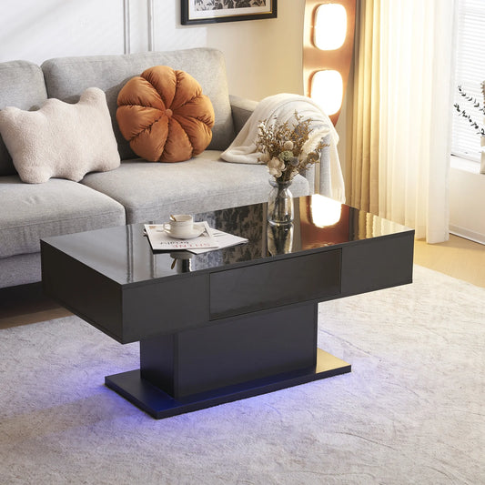 LED Coffee Table with Storage Shelf and 2 Drawers, High Gloss Cocktail Table Accent Furniture for Living Room 43.3" White