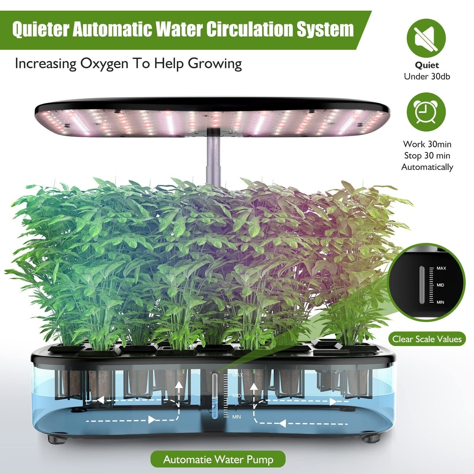 Large Tank Hydroponics Growing System 12 Pods, Herb Garden Kit Indoor with Gr...